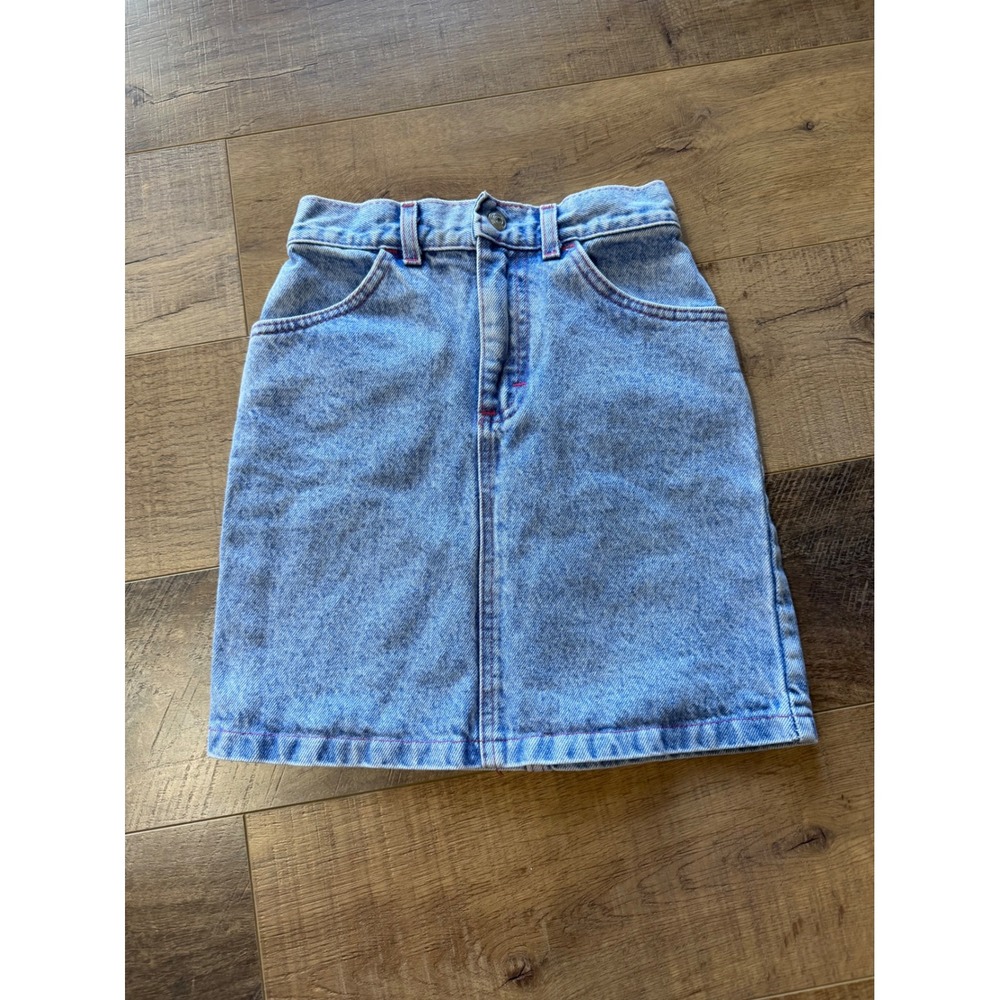 Vintage Lee Girls Denim Skirt Light Wash Pink Stitching Made in USA Size 10 Reg